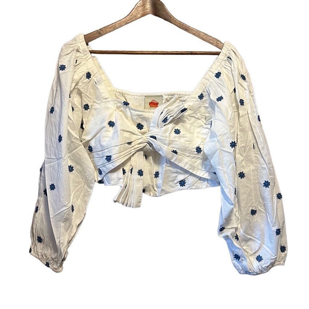 Floral Embroidered Crop Top Tie Front Long Sleeve Blouse - Picture 2 of 9